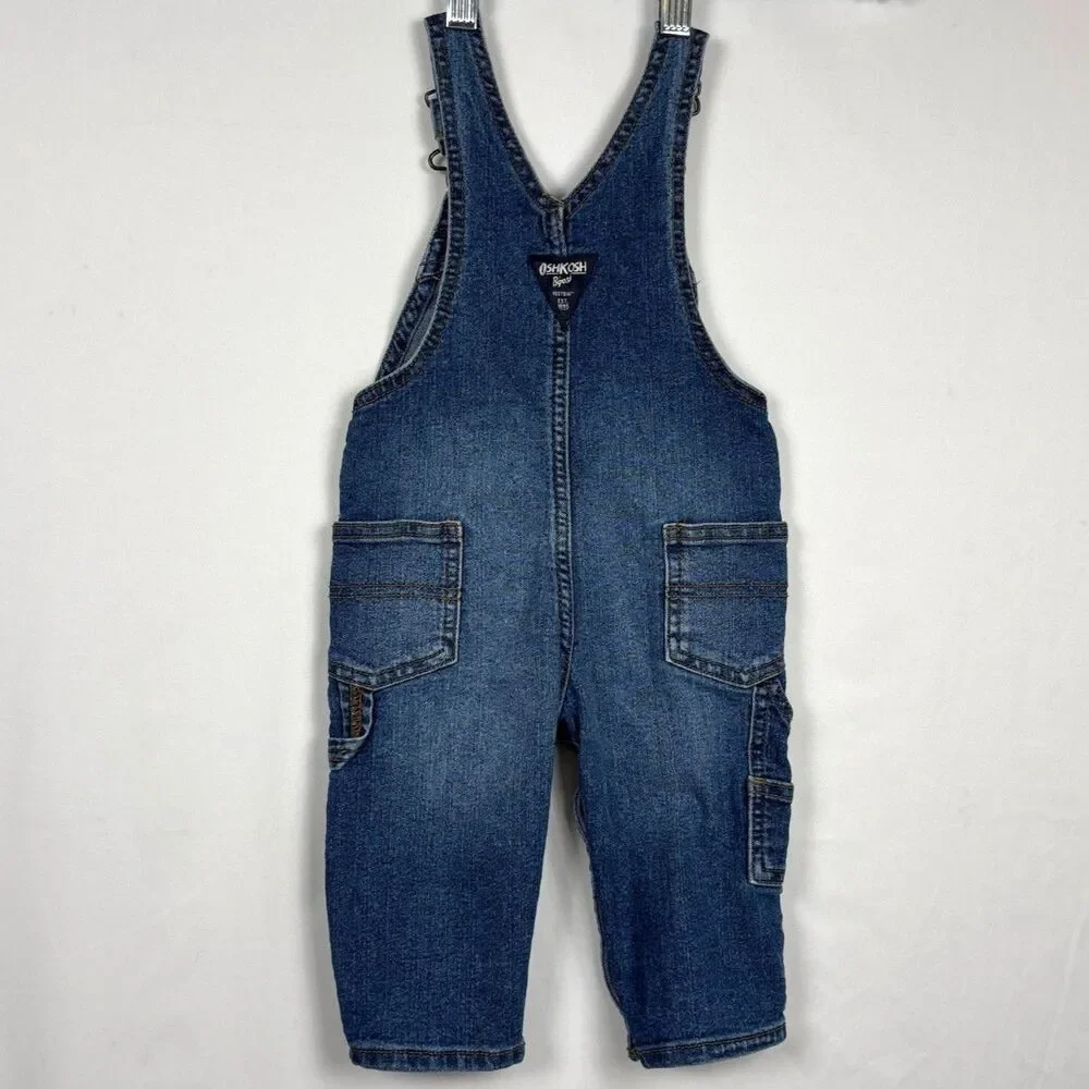OshKosh B'gosh Baby Overalls 9M Dark Wash Stretch Denim Bibs Vestbak Classic